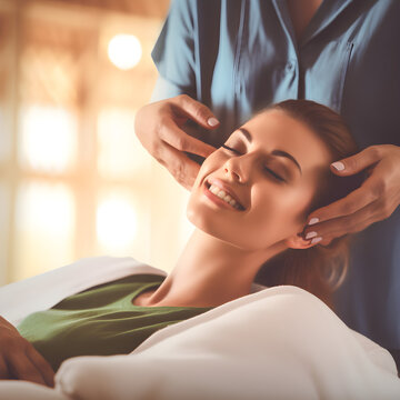 Luxurious Spa Experience Captured in a Serene Setting, Featuring a Woman Receiving a Massage and Facial Treatment, Enhanced by Soft Lighting, Essential Oils, and a Man in a Stylish Tuxedo