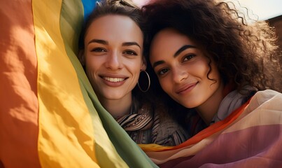 Glückliche Menschen feiern vor Pride-Flagge im Regenbogen Design - obrazy, fototapety, plakaty