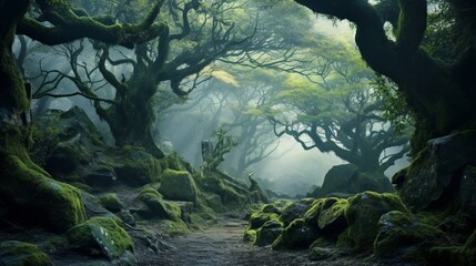 a high-definition image of a mystical forest shrouded in mist and enigmatic, ethereal light
