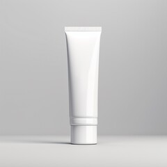 Package white unbranded mockup of toothpaste on gray background. Packaging for toothpaste, face cream. Blank space for text or logo. AI generated image.