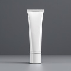 Package white unbranded mockup of toothpaste on grey background. Packaging for toothpaste, face cream. Blank space for text or logo. AI generated image.