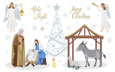 Set of cliparts of the nativity scene of the holy family with baby Jesus, Mary, Joseph in Bethlehem.Trumpeting angel and angel with lantern, Christmas tree, snowflakes, lettering.Vector © Elena