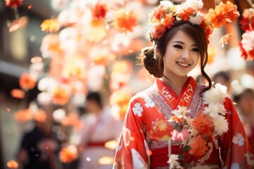 Woman in Red and White Kimono Strolling Through Vibrant City Streets