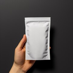 A man holding a white package, sachet on a black background. Package for food bags. Blank space for text or logo. AI-generated image.