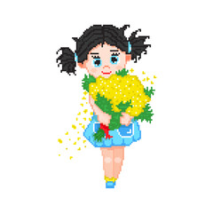 Pixel art. A beautiful girl is holding a bouquet of flowers in her hands. Bouquet of mimosa. Vector illustration