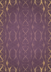 Hand-drawn abstract ornament. Light semi transparent pink on a purple back, with vignette of same pattern and sparks in golden glitter on a darker color. Paper texture. A4. (pattern: 10-4e)