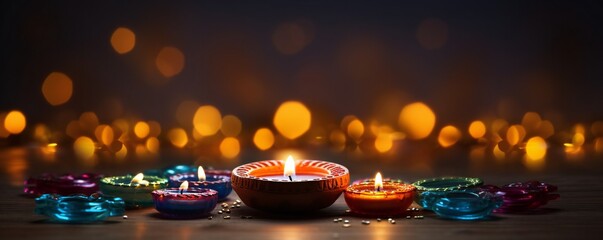 Fototapeta na wymiar Diwali festival poster shiny background with diya lamps and rangoli, with empty copy space Generative AI