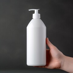 Woman holding white unbranded mock-up cleanser bottle on grey background. Daily cosmetic product. Blank space for text or logo. Image generated by AI.
