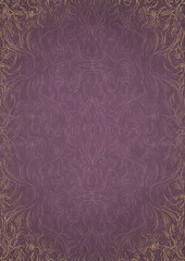 Hand-drawn abstract ornament. Light semi transparent pink on a purple back, with vignette of same pattern and sparks in golden glitter on a darker color. Paper texture. A4. (pattern: 11-1d)