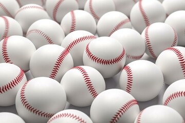 3D rendering: large pile of white baseballs with red stitching on white background. Generative AI