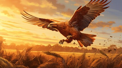 a realistic image of a determined Irish Setter retrieving a pheasant in a golden, late afternoon field - obrazy, fototapety, plakaty