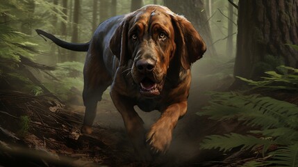 a realistic image of a tenacious Bloodhound assisting in a scent tracking mission through a dense forest - obrazy, fototapety, plakaty