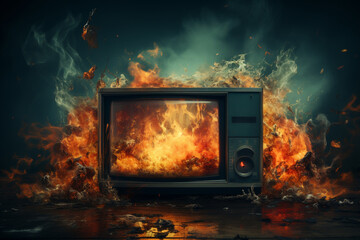 Retro old television on fire in a graffiti covered room. Flames around the television made with AI