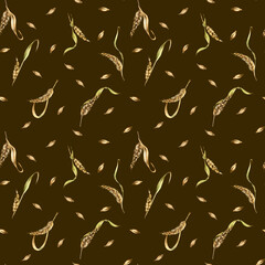 Wheat ear, barley watercolor seamless pattern on black background. Spikelet of rye, malt stalk hand drawn. Design element for textile, wrapping, packaging, label grocery, bakery, paper
