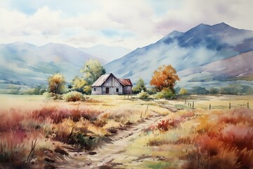 Scenic countryside painting featuring watercolor mountains and a charming house. Generative AI