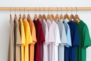 Rack with clean shirts near light wall. Copy space for text. Clothing shop, second hand, reuse.