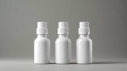 A set of three white bottles for facial serums. Daily cosmetic product. Blank space for text or logo. Image generated by AI.