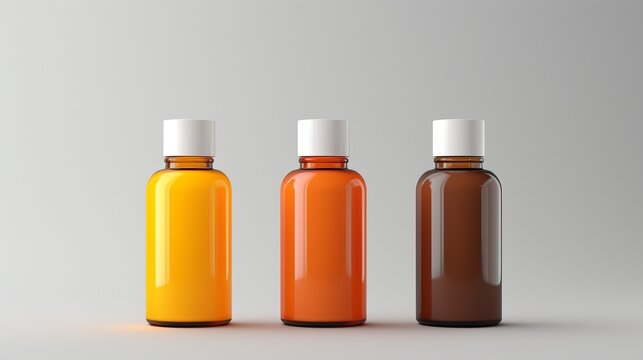 A set of three colorful bottles for facial serums. Daily cosmetic product. Blank space for text or logo. Image generated by AI.