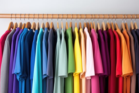 Wide panorama row of many fresh new fabric cotton t-shirts in colorful rainbow colors isolated. Pile of various colored shirts white background