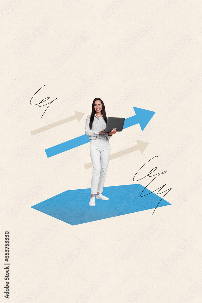 Sticker Collage 3d sketch poster of happy professional worker successful lady using modern netbook device isolated on drawing background