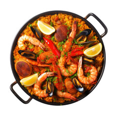 Spanish traditional food Paella with seafood isolated on white transparent background