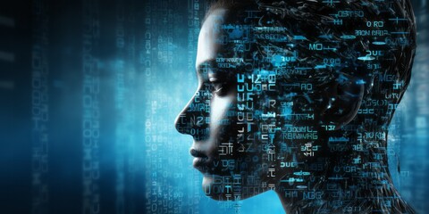Exploring the Digital Landscape: A Woman's Face Emerges from the Blue Matrix, Symbolizing Data Visualization, Information Overload, and the Power of Data Science in the Information Age - obrazy, fototapety, plakaty