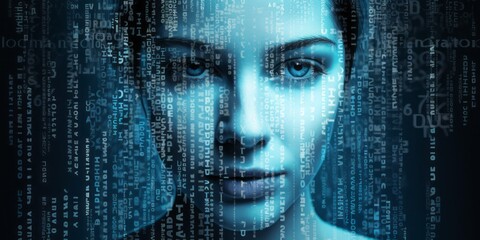 Exploring the Digital Landscape: A Woman's Face Emerges from the Blue Matrix, Symbolizing Data Visualization, Information Overload, and the Power of Data Science in the Information Age - obrazy, fototapety, plakaty