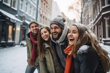 Smiling portrait of young group of student friends enjoying time together on winter. Young adult people having fun during christmas vacation outdoors. - obrazy, fototapety, plakaty
