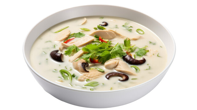 Traditional asian soup Tom kha kai soup isolated on white transparent background