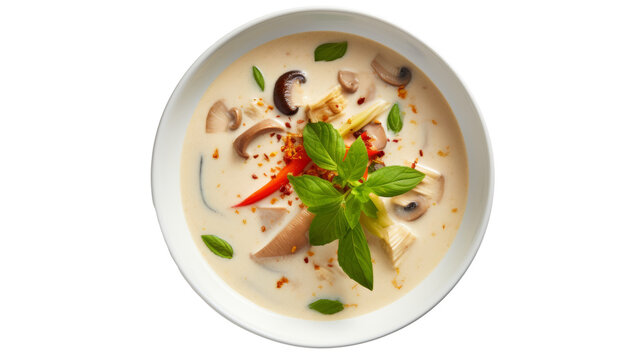 Traditional asian soup Tom kha kai soup isolated on white transparent background