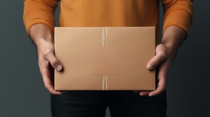 A person holding a courier parcel in his hands. Blank space for text or logo. Image generated by AI.