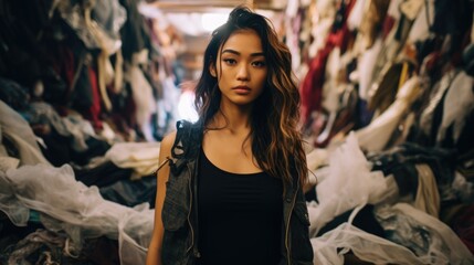 The Hidden Costs of Ultra Fast Fashion - Diverse Models Sitting in a Pile of Trashed Cheap Clothes - fast fashion, woman, model, environmental impact, waste, pollution, garment industry, waste, trash