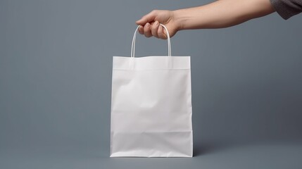 Hand holding a white paper bag on a grey background. Blank space for text or logo. Image generated by AI.