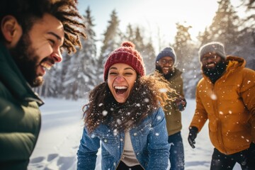 Happy friends playing snowballs outdoors. Winter vacation - obrazy, fototapety, plakaty