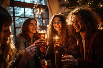 Group of young friends, men and women, smiling, toasting, drinking, new year celebration at a ski resort or cozy wood cabin - obrazy, fototapety, plakaty