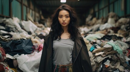 The Hidden Costs of Ultra Fast Fashion - Diverse Models Sitting in a Pile of Trashed Cheap Clothes - fast fashion, woman, model, environmental impact, waste, pollution, garment industry, waste, trash