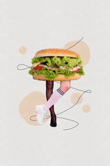 Collage 3d image of headless weird character girl tasty juicy burger instead head isolated on...