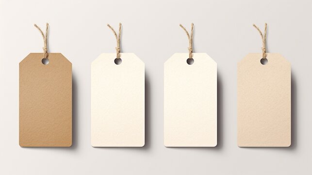 Four paper tags for clothes or products. Plain white background. Blank space for text or logo. Image generated by AI.