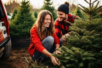 Winter holidays and people concept - happy couple choosing Xmas tree at Christmas tree fair. Happy preparation for the celebration of New Year holidays - Powered by Adobe
