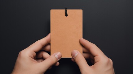 Cardboard paper tag held in hand. Blank space for text or logo. Image generated by AI.