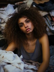 The Hidden Costs of Ultra Fast Fashion - Diverse Models Sitting in a Pile of Trashed Cheap Clothes - fast fashion, woman, model, environmental impact, waste, pollution, garment industry, waste, trash