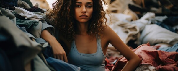 The Hidden Costs of Ultra Fast Fashion - Diverse Models Sitting in a Pile of Trashed Cheap Clothes - fast fashion, woman, model, environmental impact, waste, pollution, garment industry, waste, trash
