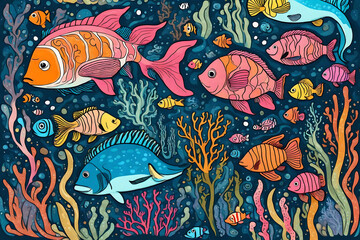 whimsical underwater world with marine creatures 