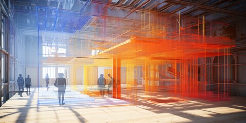 Precise Architectural Innovation: High Precision Software Empowers Rapid and Exact 3D Building Reconstruction and Model Drafting, Infused with a Striking Orange and Azure Aesthetic