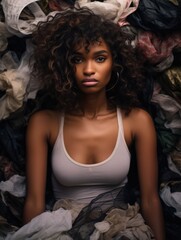 The Hidden Costs of Ultra Fast Fashion - Diverse Models Sitting in a Pile of Trashed Cheap Clothes - fast fashion, woman, model, environmental impact, waste, pollution, garment industry, waste, trash