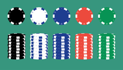 5 Colors Casino Poker Chips Set, flat and 3d view, isolated vector