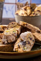 Italian Almond Biscotti Cantucci Biscuits, italian dessert cookies close up, selective focus, space for text. Homemade bakery confectionery concept.