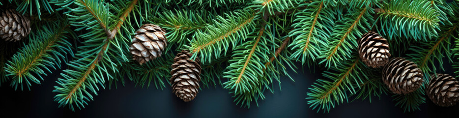 Fototapeta na wymiar Christmas tree branches with cones on a dark background. New Year banner. Generative Ai