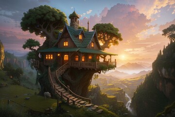fairytale treehouse village covered, created by ai generated