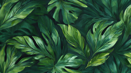 Green background with palm leaves illustration. Oil art. Wallpaper. AI generated